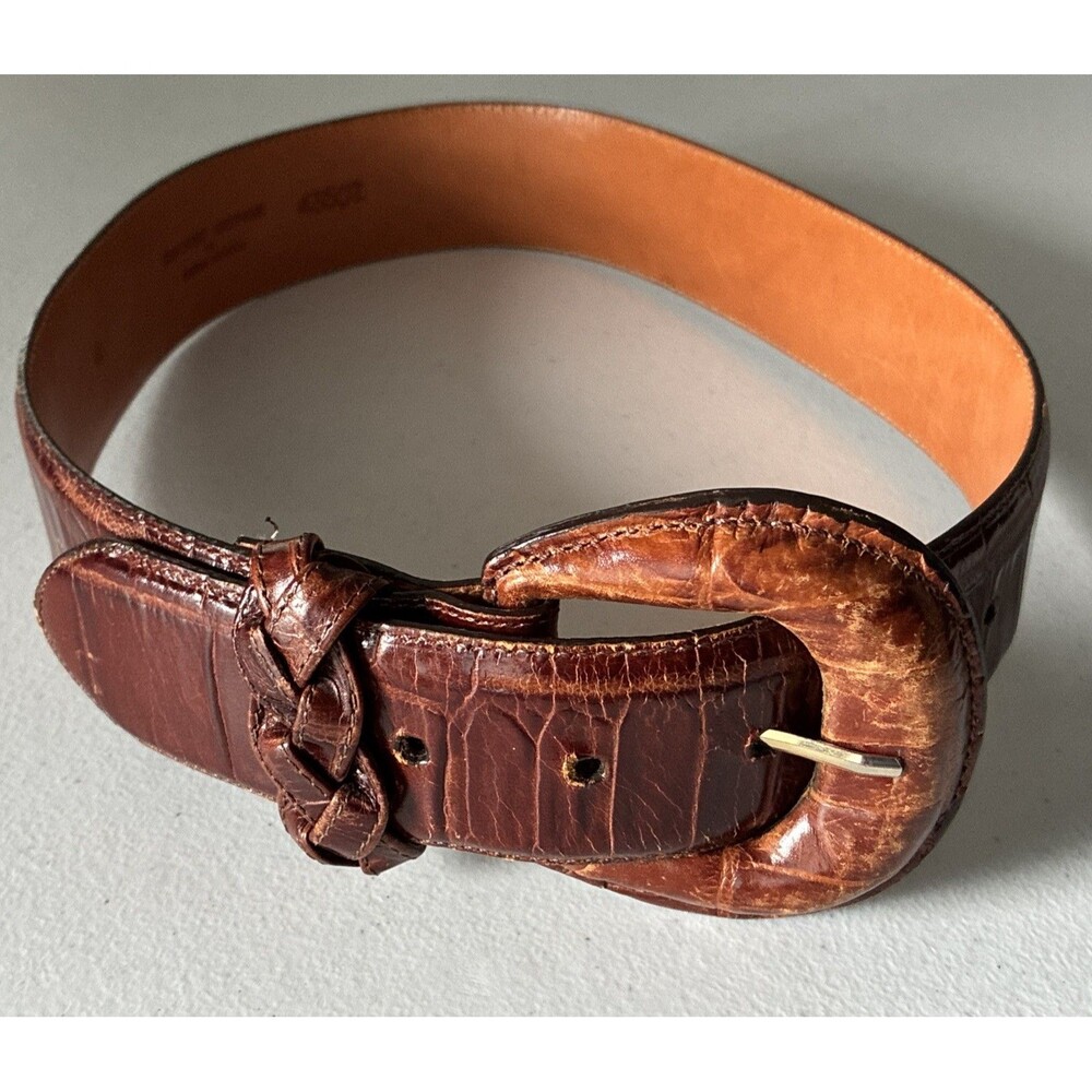 Brighton Belt Embossed Calfskin Saddle Leather Womens S British Tan 43507 USA